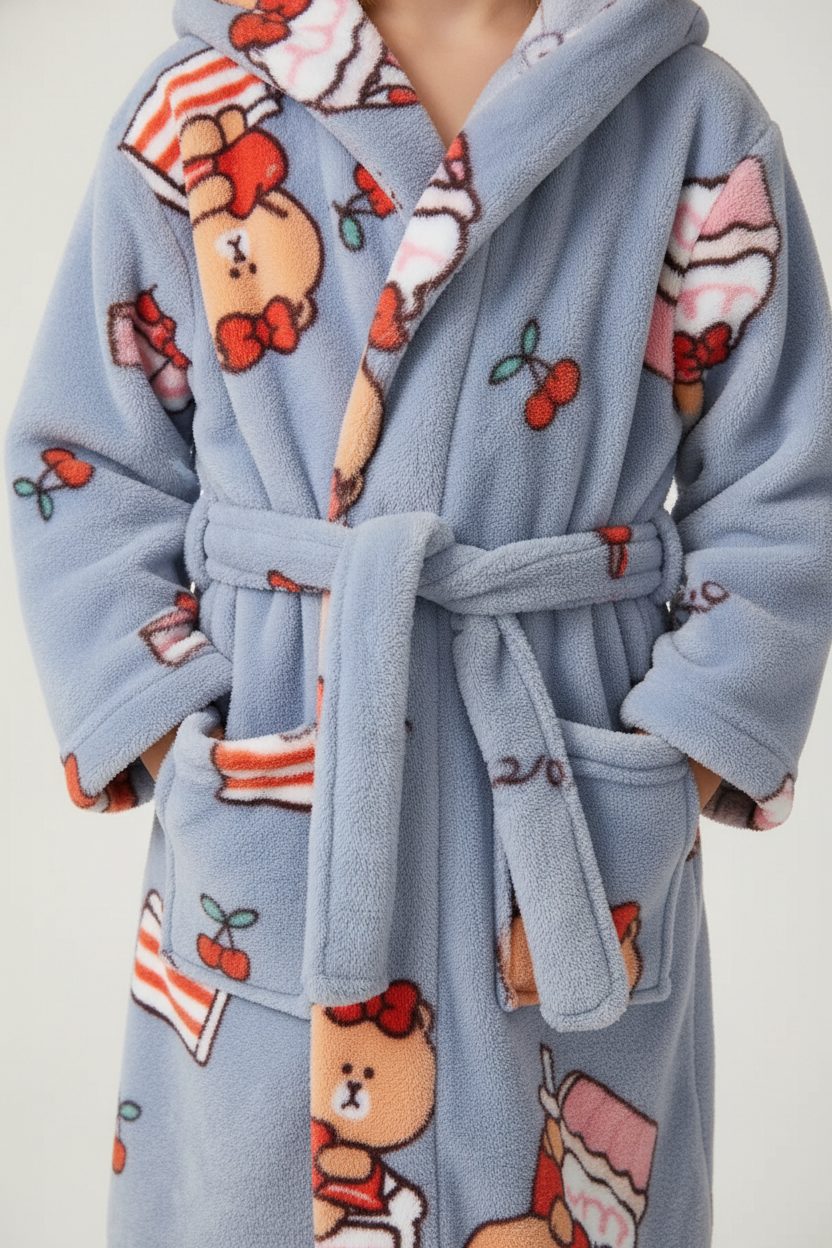 Robe de chambre enfant mignon bleu clair oursons et desserts
