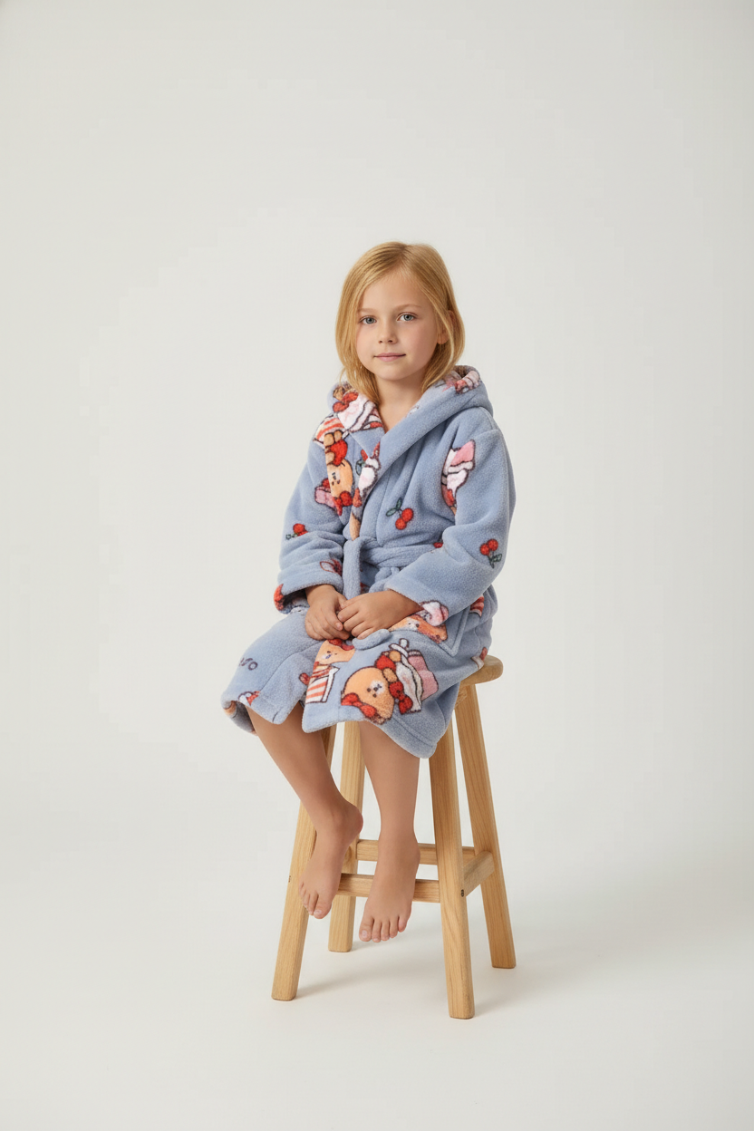 Robe de chambre enfant mignon bleu clair plush à capuche ours cartoon