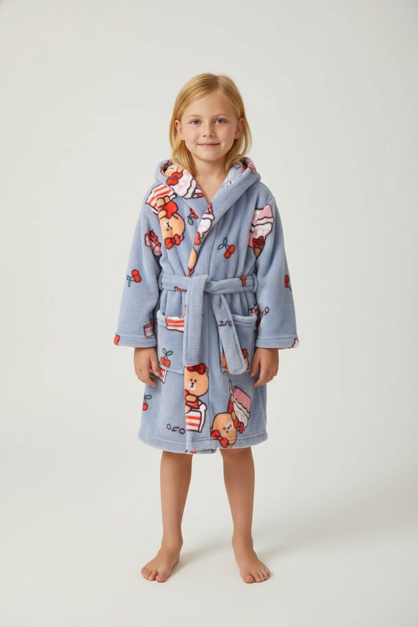Robe de chambre enfant mignon bleu clair à capuche avec ours et glaces