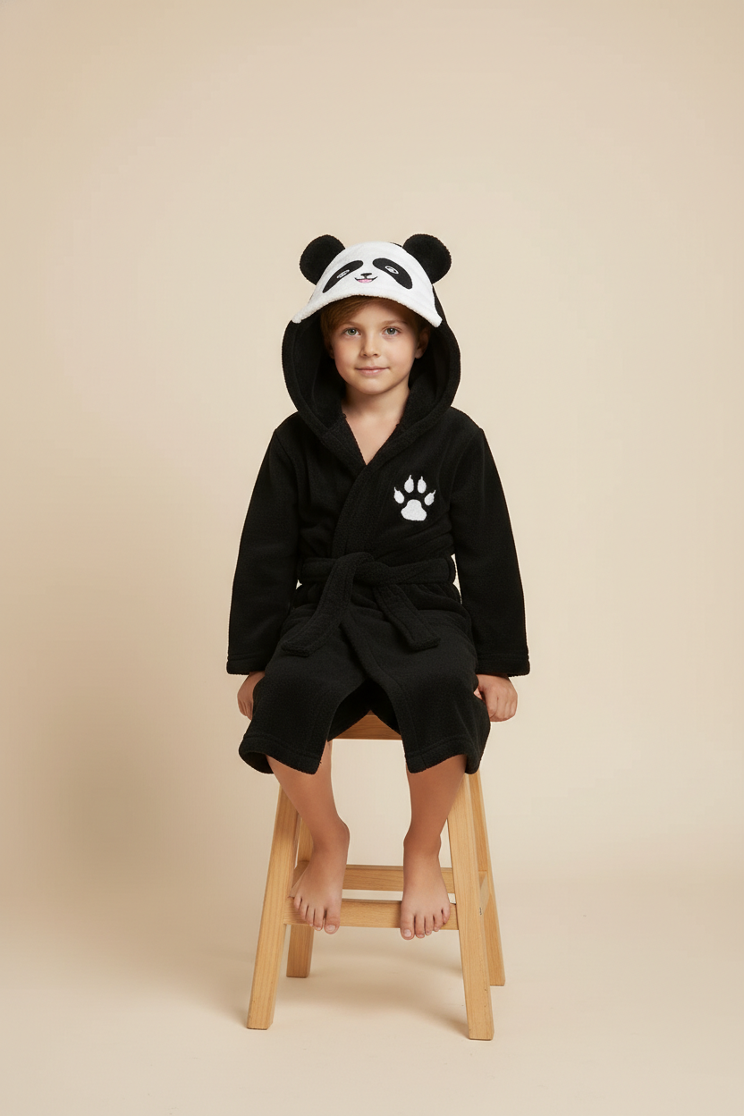 Robe de chambre enfant panda noire en peluche avec capuche oreilles brodées