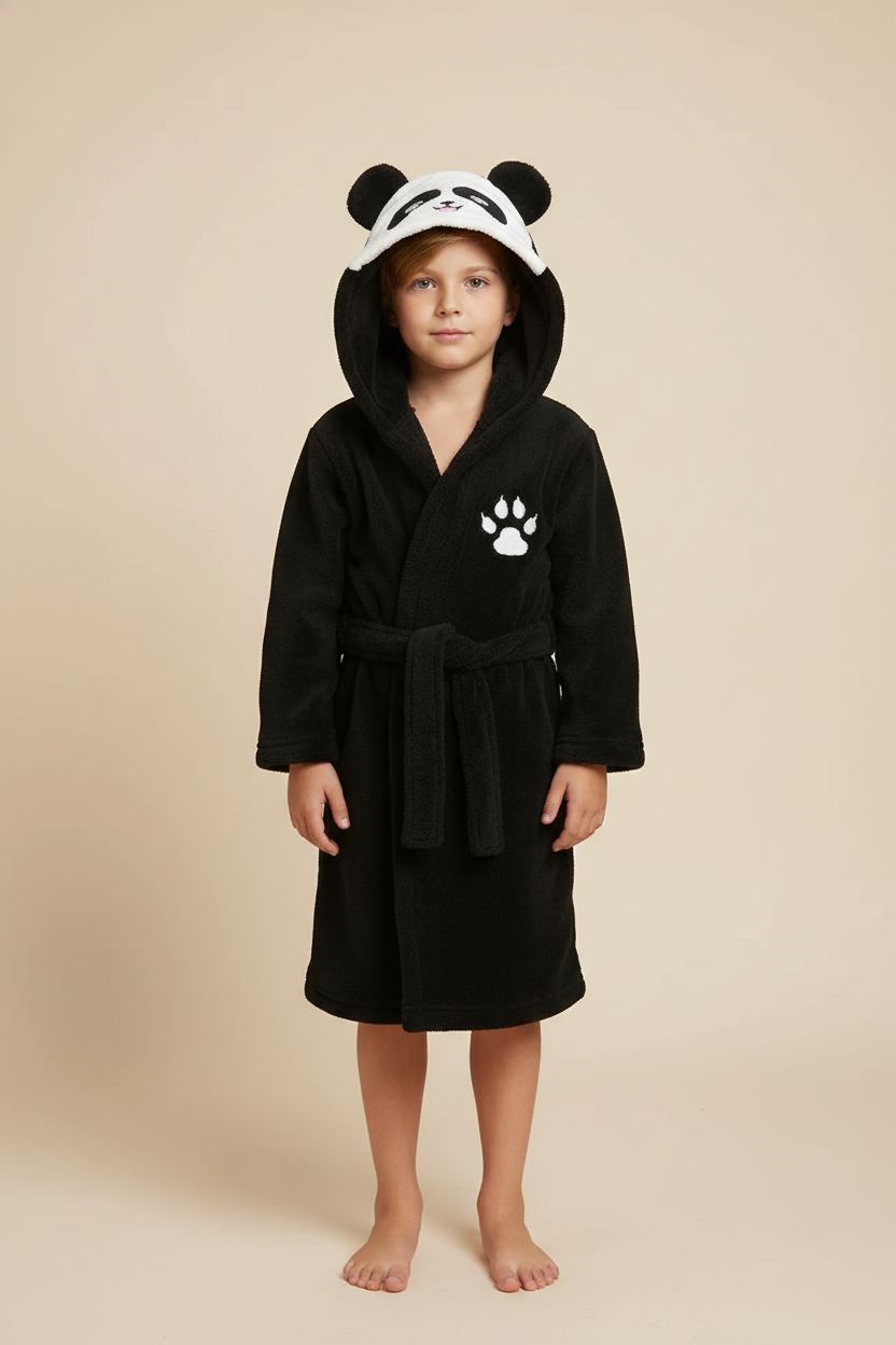 Robe de chambre enfant panda noire en peluche avec capuche panda et empreintes de pattes blanches