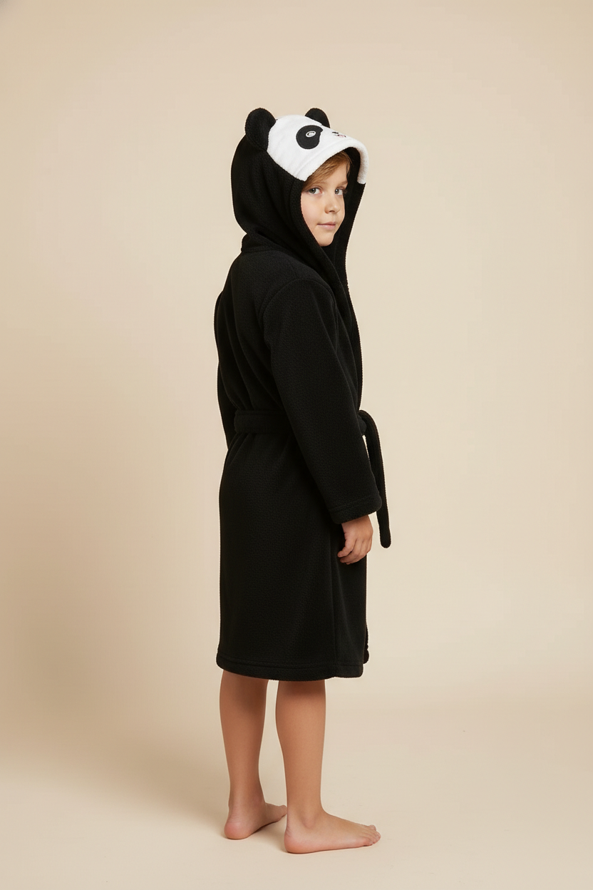 Robe de chambre enfant panda noire en peluche avec visage blanc et oreilles
