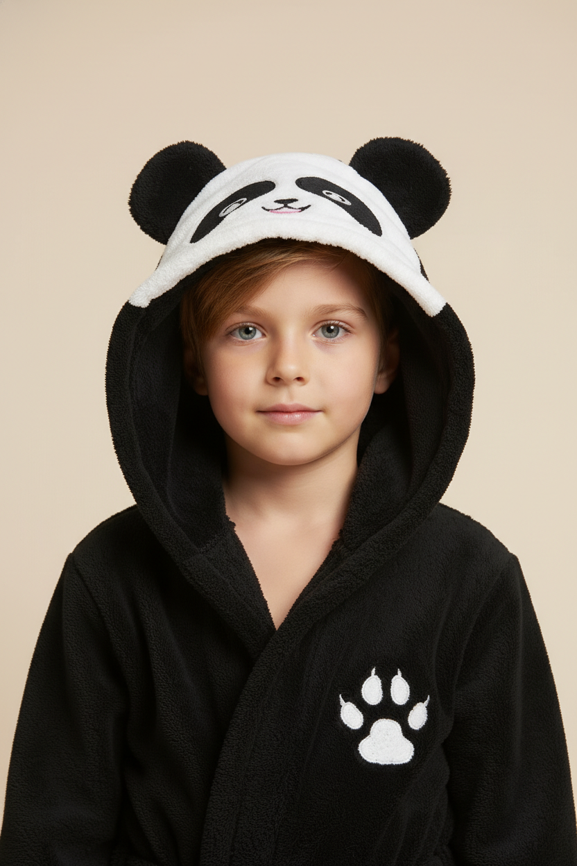 Robe de chambre enfant panda noire en peluche avec patte blanche brodée