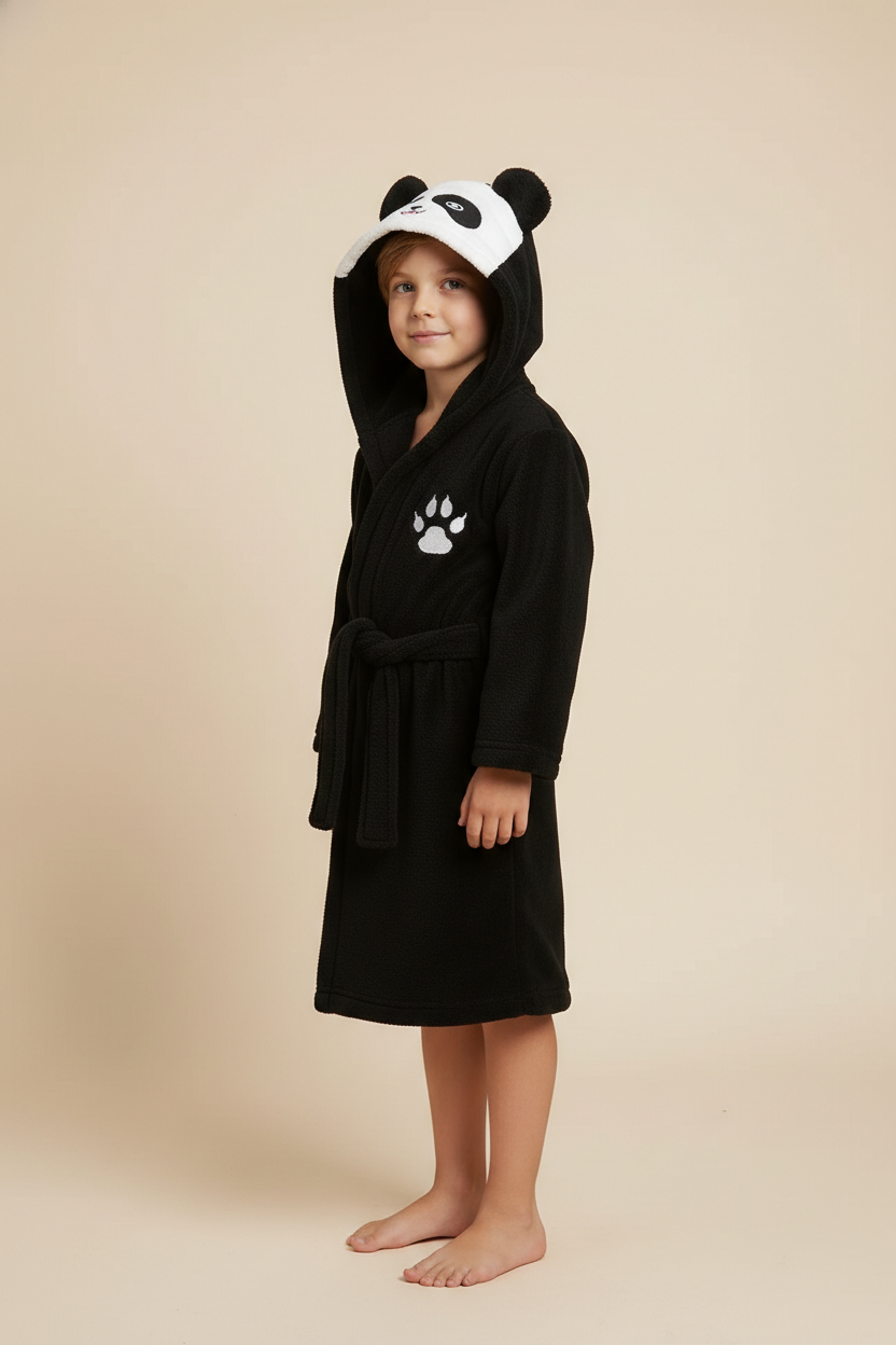 Robe de chambre enfant panda noire en peluche avec capuche panda et pattes brodées