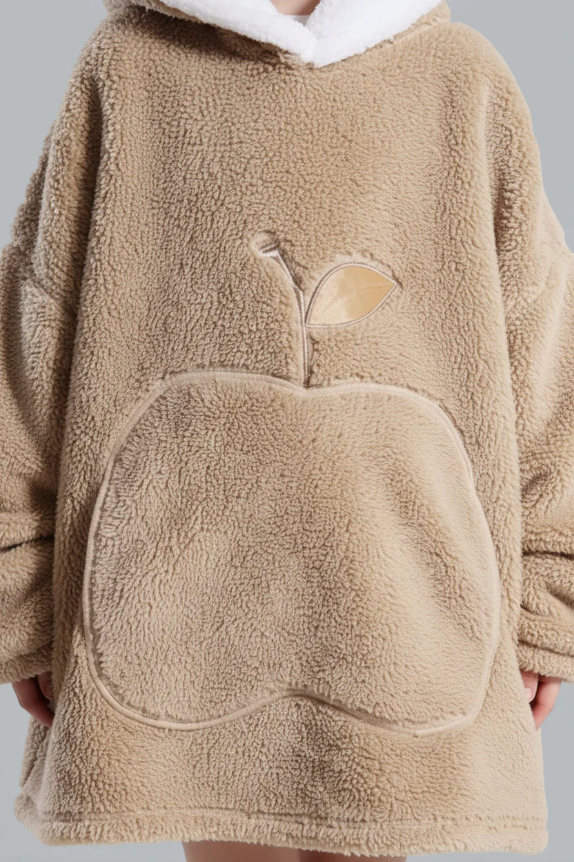 Robe de chambre enfant polaire beige plush avec patch pomme et capuche fourrée