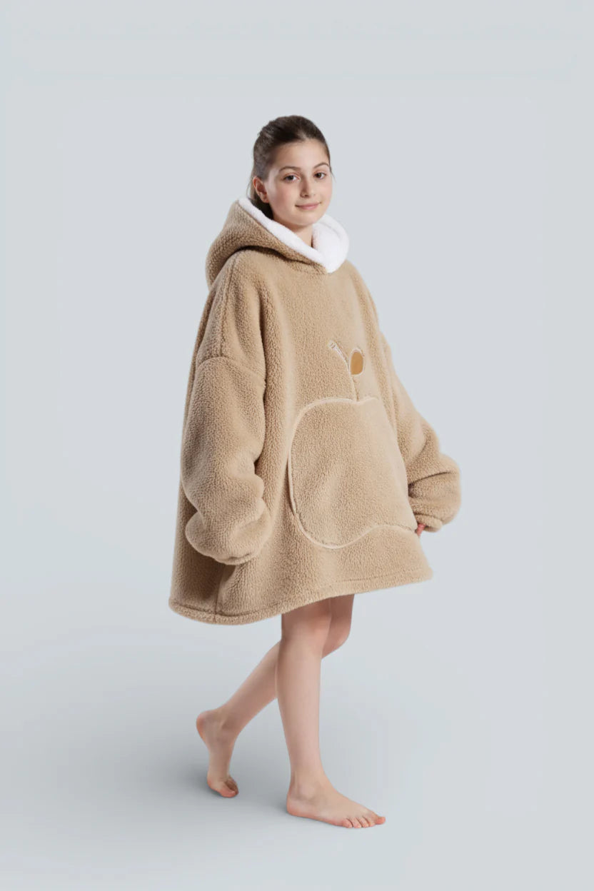 Robe de chambre enfant polaire beige à capuche, col blanc, pomme brodée