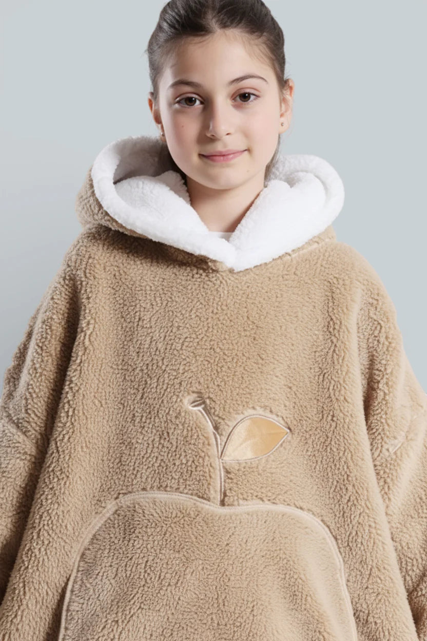 Robe de chambre enfant polaire beige à capuche fourrée et pomme brodée