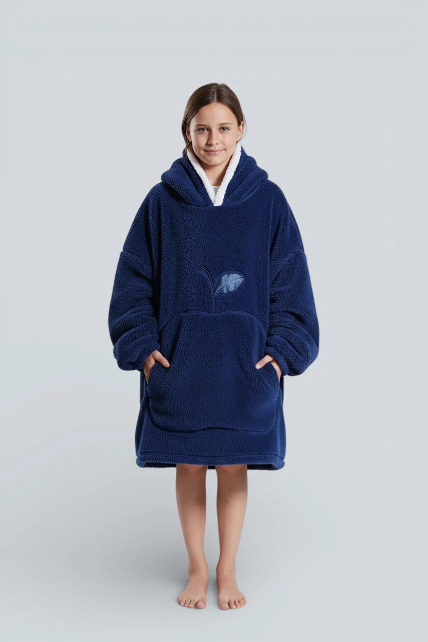 Robe de chambre enfant polaire bleu marine à capuche doublée polaire blanche