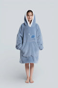 Robe de chambre enfant polaire bleu clair à capuche doublée blanc et broderie plante