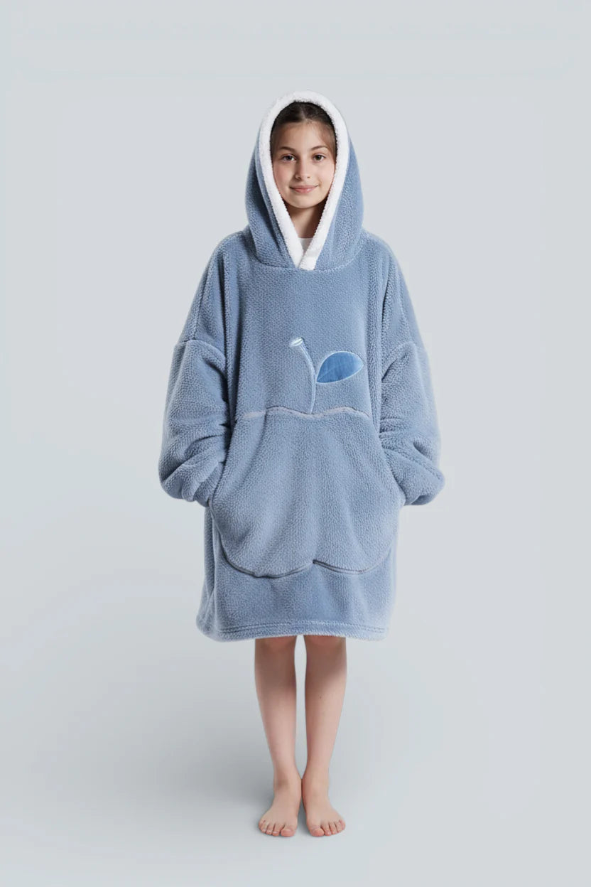 Robe de chambre enfant polaire bleu clair à capuche doublée blanc et broderie plante