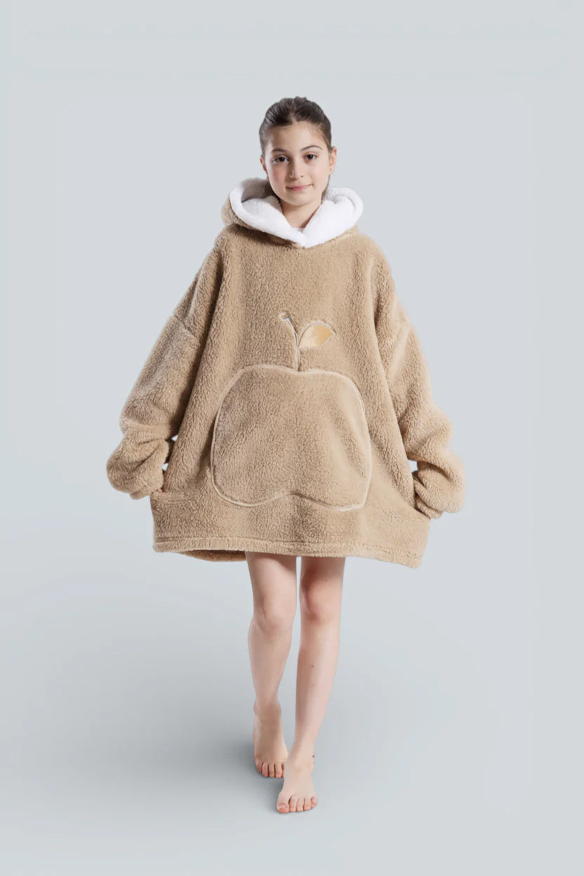 Robe de chambre enfant polaire beige duveteuse avec capuche blanche et patch pomme