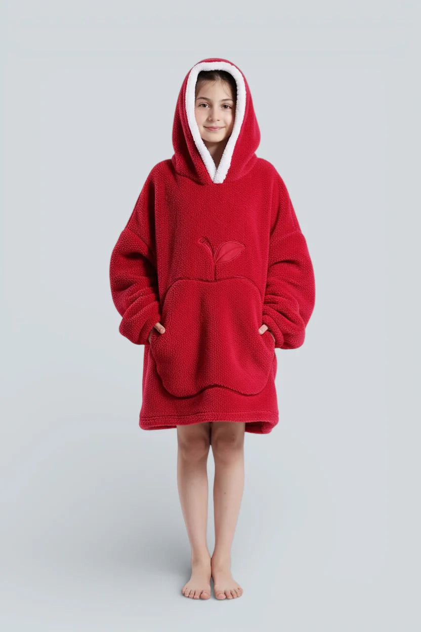 Robe de chambre enfant polaire rouge pomme plush douillette à capuche blanche