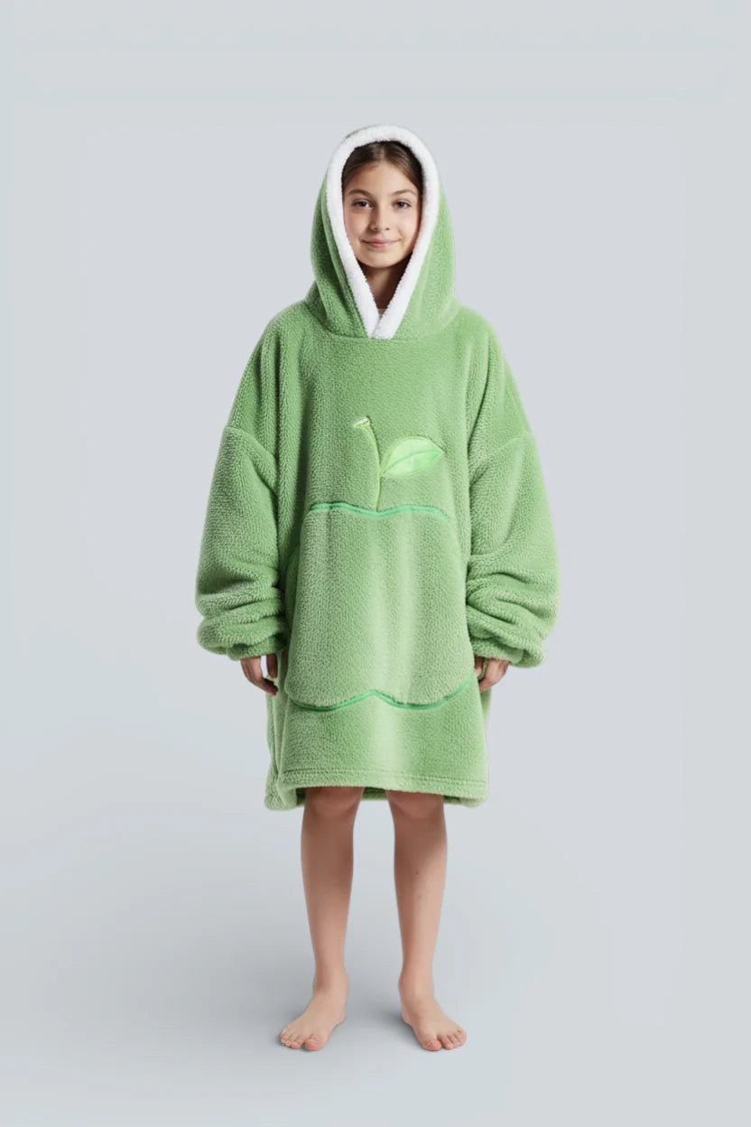 Robe de chambre enfant polaire verte douce à capuche doublée blanc et pomme brodée