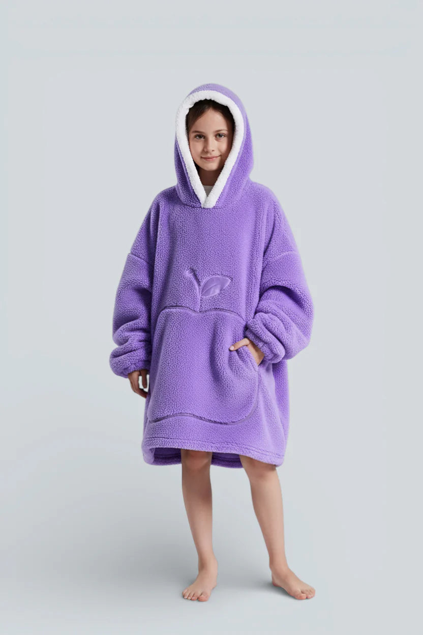 Robe de chambre enfant polaire violette à capuche doublée blanc et feuille brodée