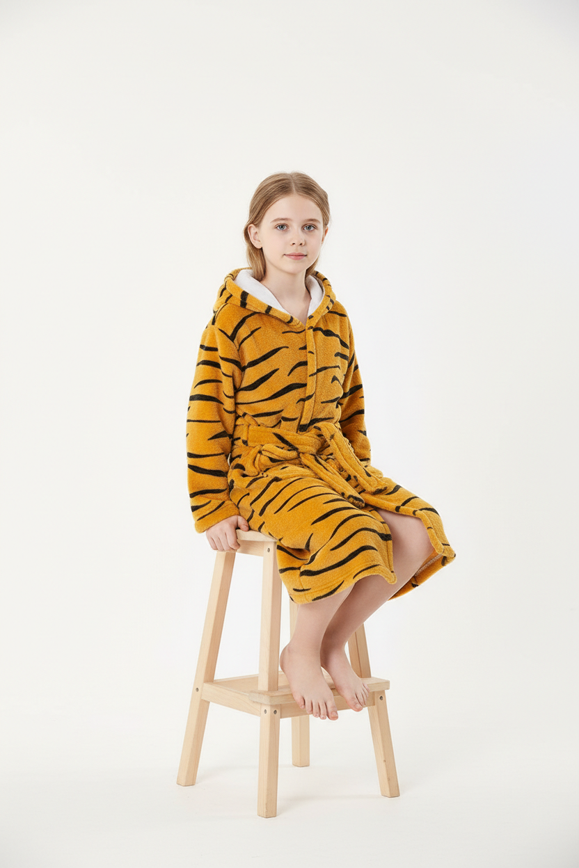Robe de chambre enfant tigre à rayures jaunes avec doublure blanche