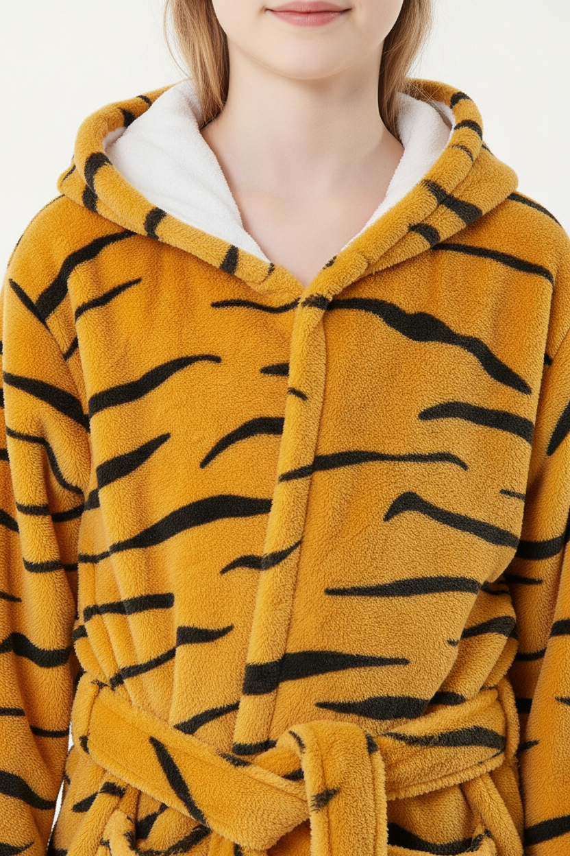 Robe de chambre enfant tigre orange à rayures noires capuche blanche