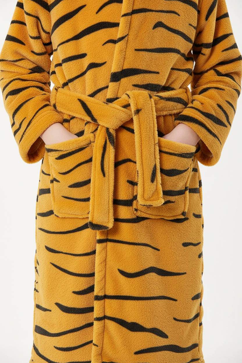 Robe de chambre enfant tigre moutarde à rayures noires avec ceinture