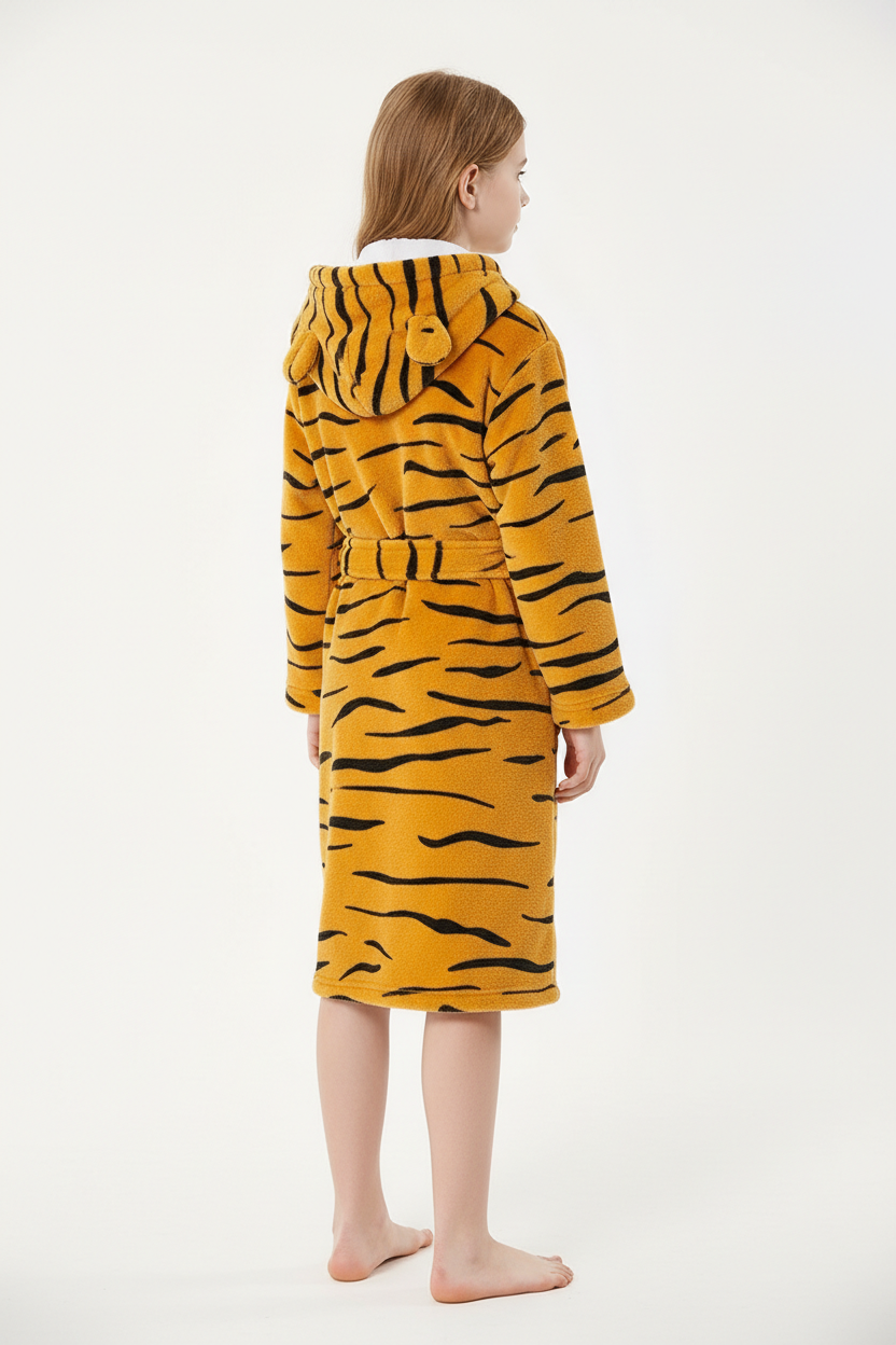 Robe de chambre enfant tigre moutarde à rayures noires avec capuche
