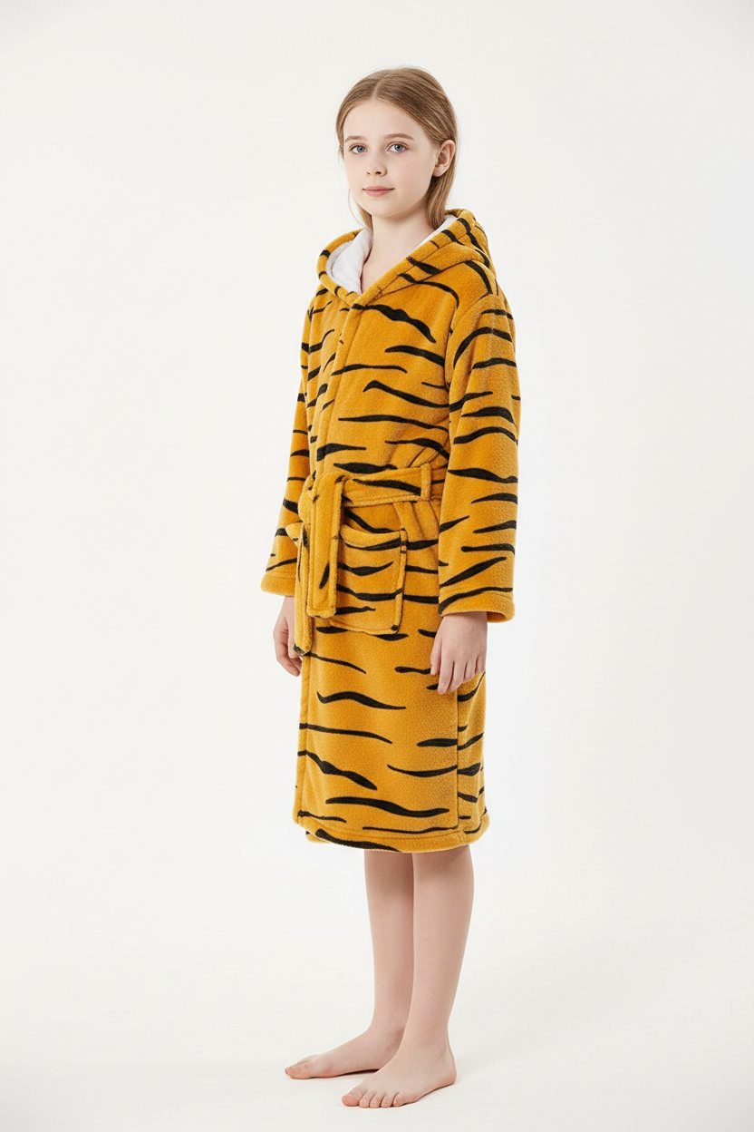 Robe de chambre enfant tigre moutarde à capuche doublée blanc