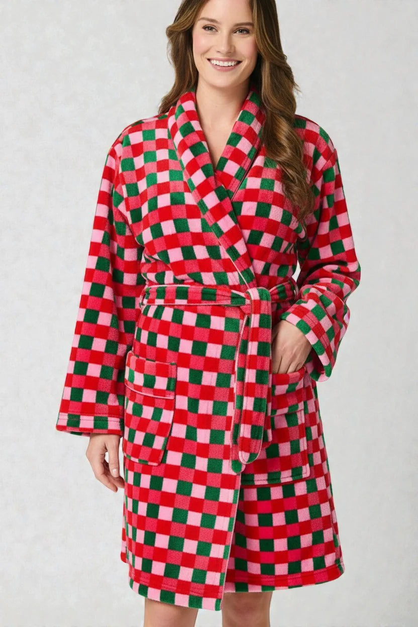Robe de chambre été femme à carreaux rouge et vert cosy et moelleuse