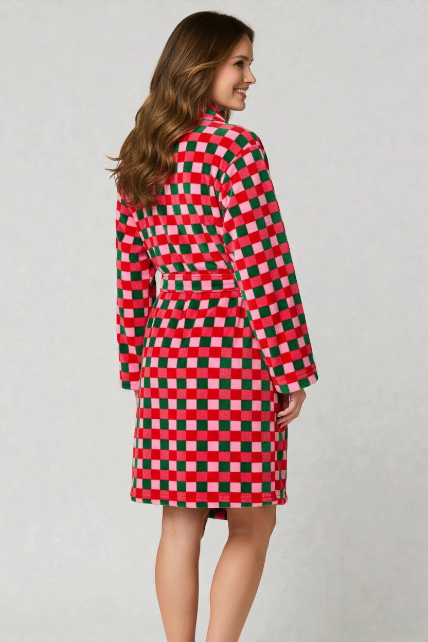 Robe de chambre été femme à carreaux rouge et vert en plush douillette avec ceinture assortie