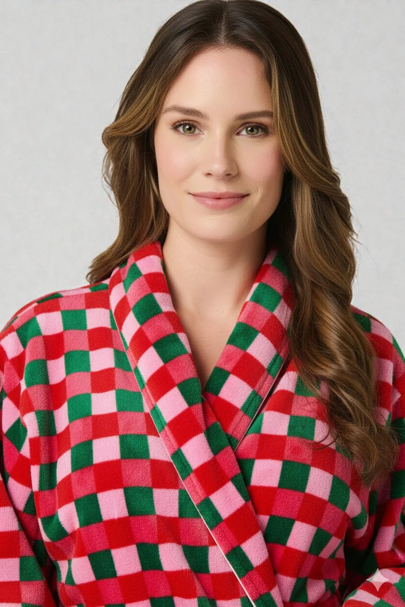 Robe de chambre été femme à carreaux rouge vert rose velours doux