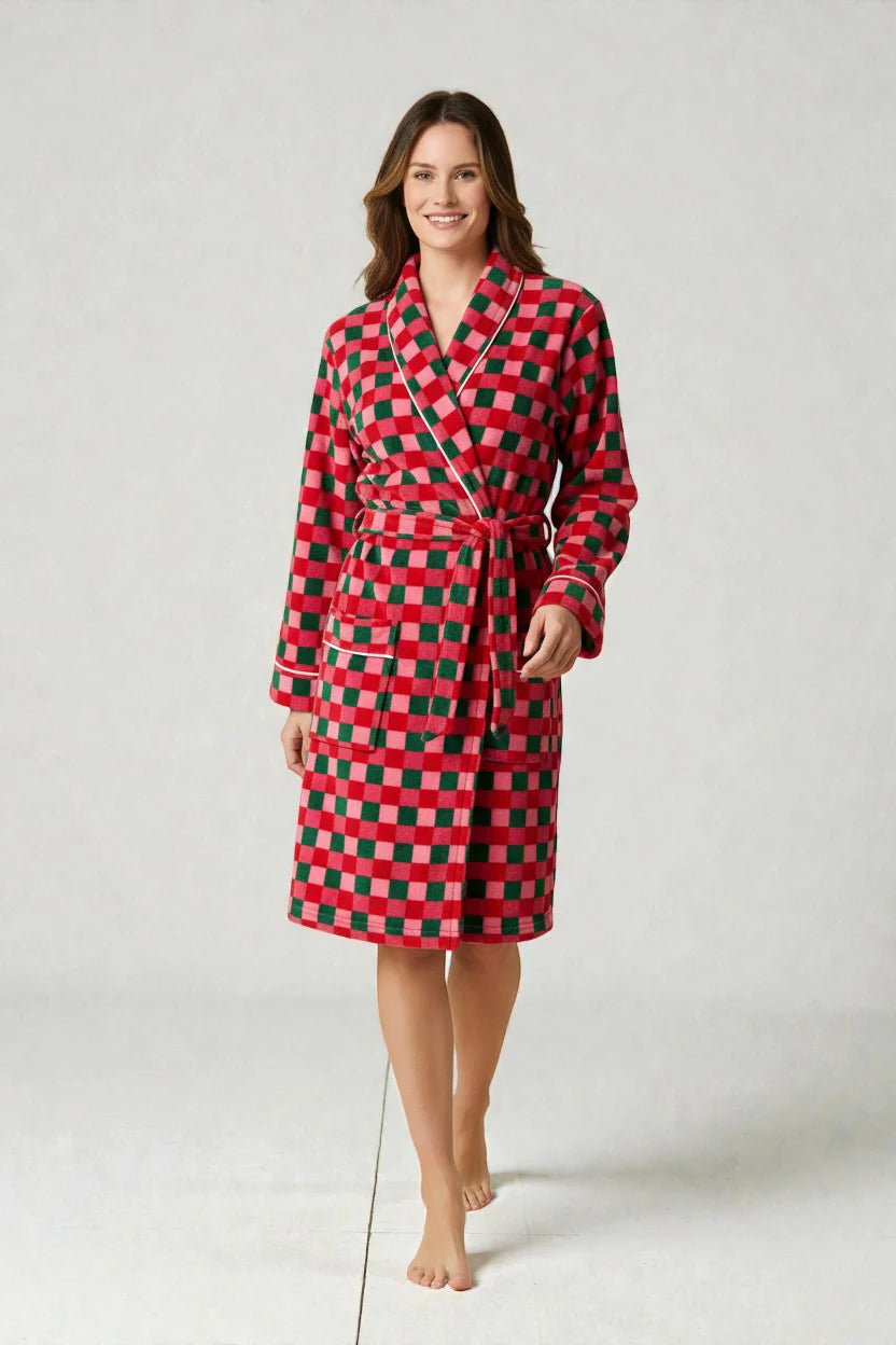 Robe de chambre été femme à carreaux rouge et vert moelleuse