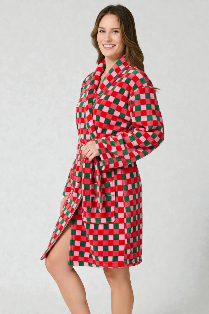 Robe de chambre été femme à carreaux rouge et vert douillette à ceinture