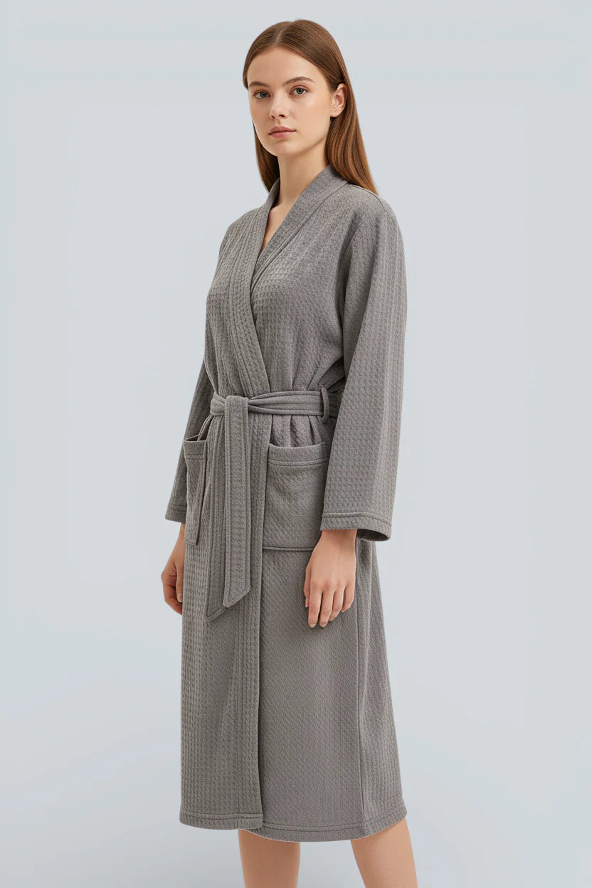 Robe de chambre été femme grise texturée avec ceinture et poches