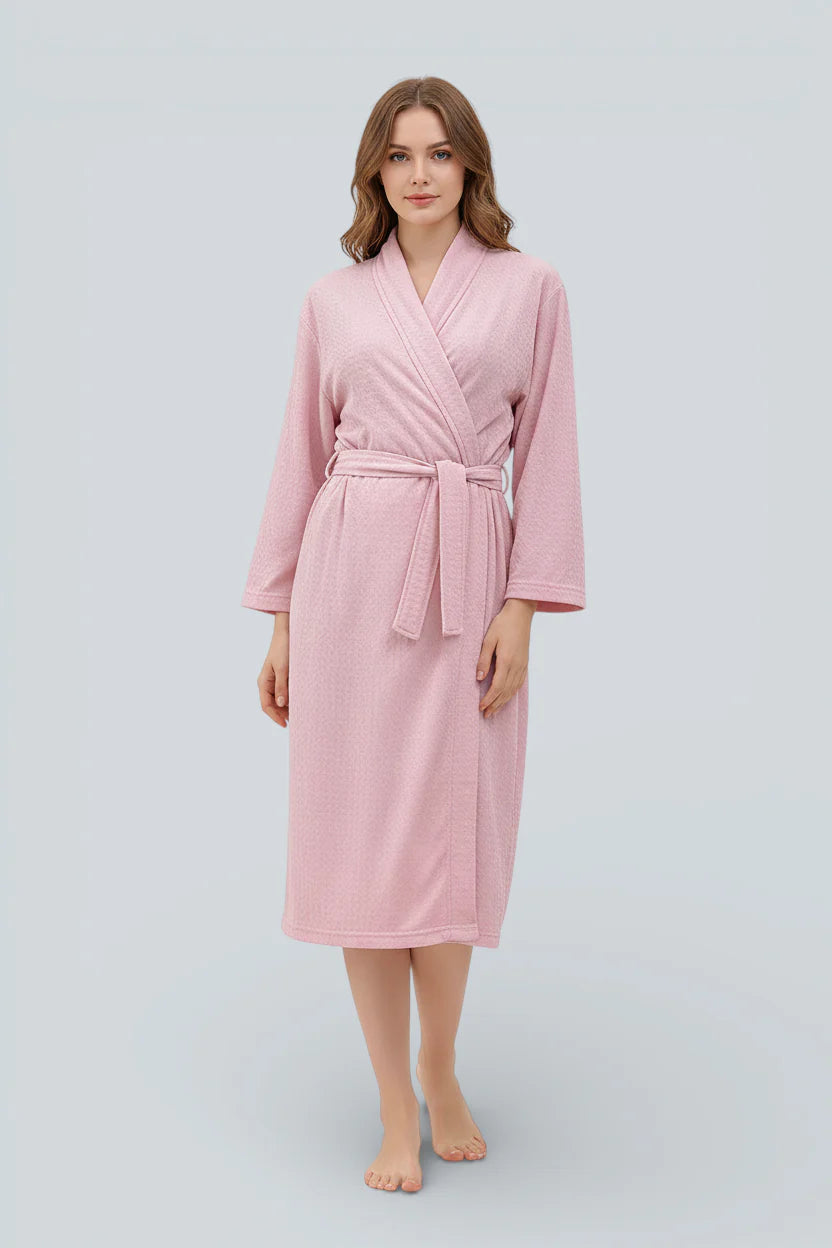 Robe de chambre été femme rose doux à manches longues, ceinture et enfilage croisé