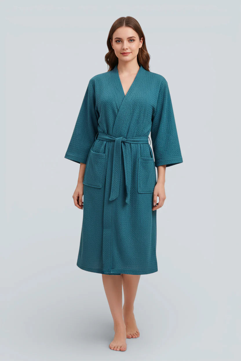 Robe de chambre été femme en coton texturé teal à col V et ceinture