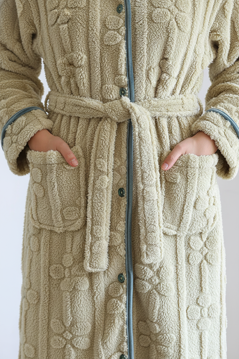 Robe de chambre femme beige en maille câblée texturée avec bordure teal