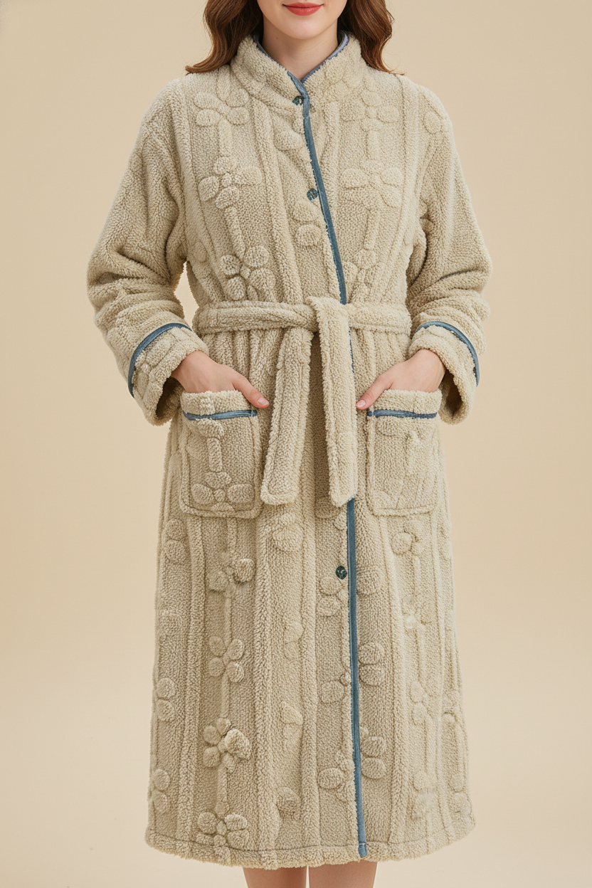 Robe de chambre femme beige en plush à motifs floraux brodés et passepoil bleu