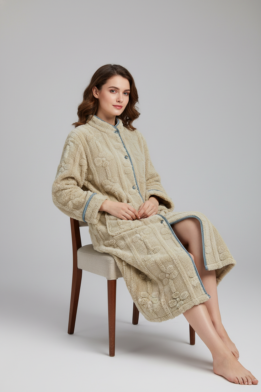 Robe de chambre femme beige en maille texturée boutonnée devant avec liseré bleu clair