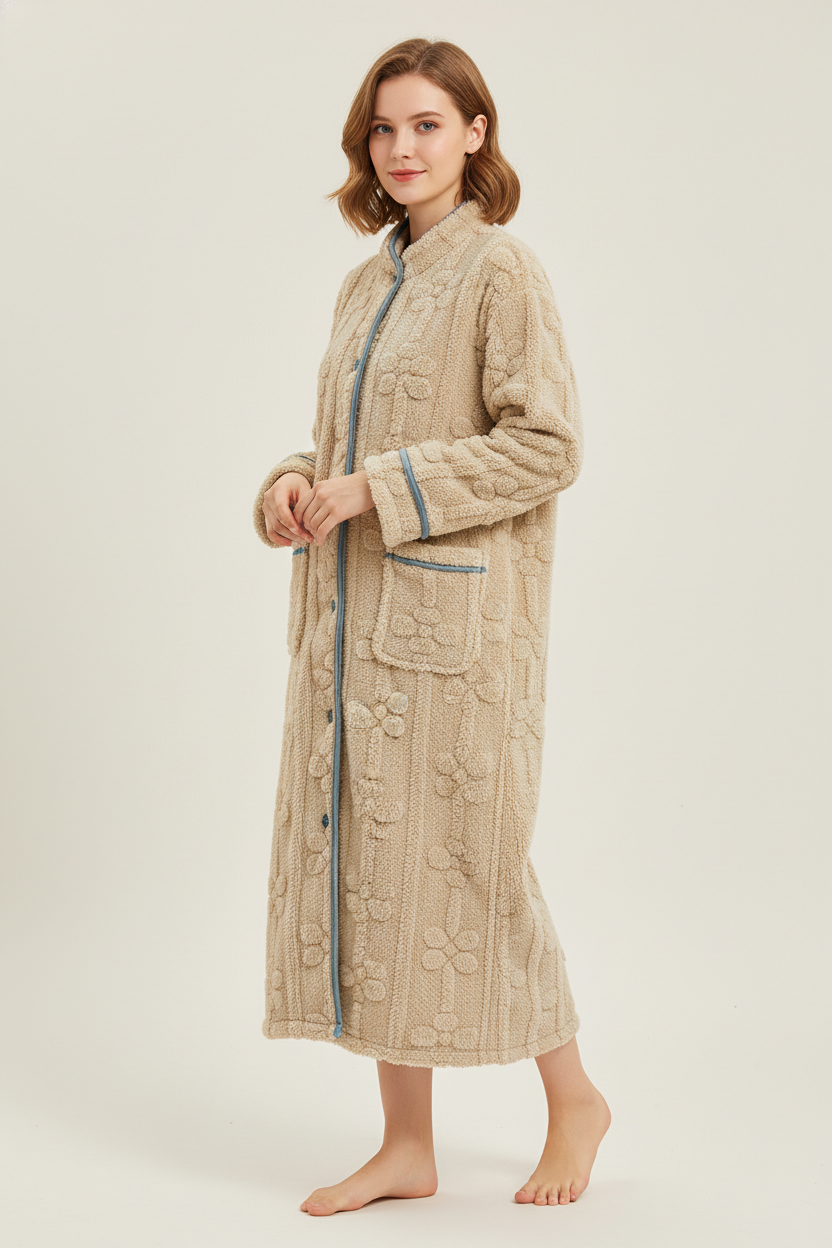 Robe de chambre femme beige câble tricoté liseré bleu poches