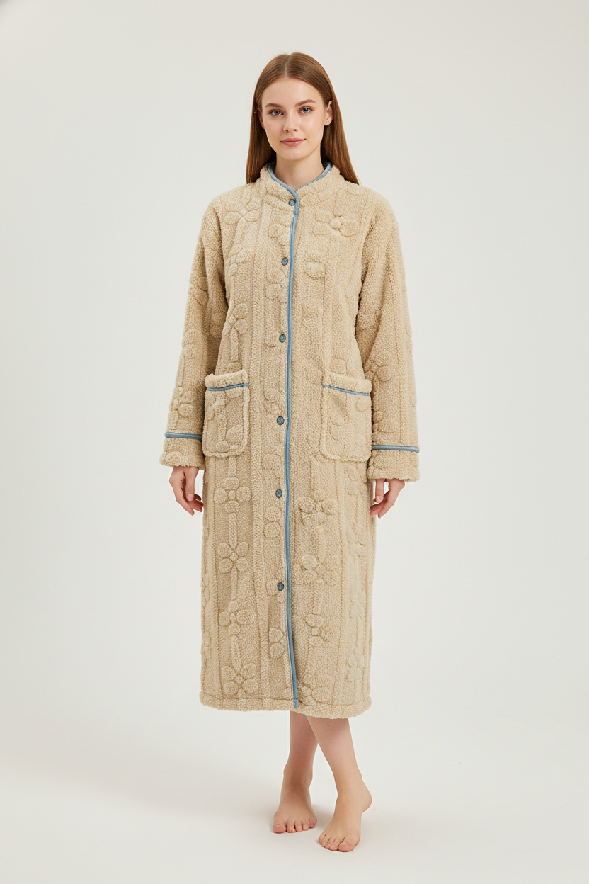 Robe de chambre femme boutonnée devant longue beige à motifs floraux brodés