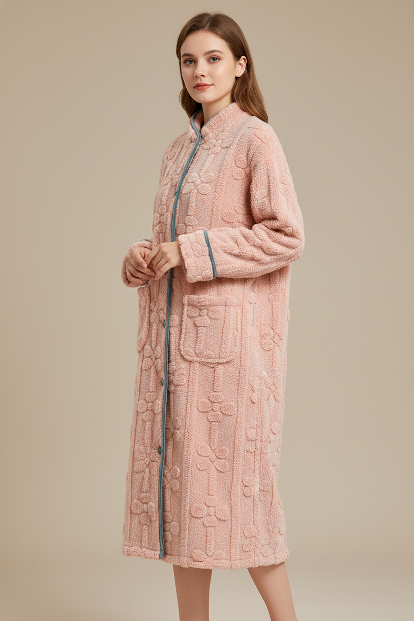 Robe de chambre femme longue boutonnée devant rose plush motifs floraux brodés zip turquoise