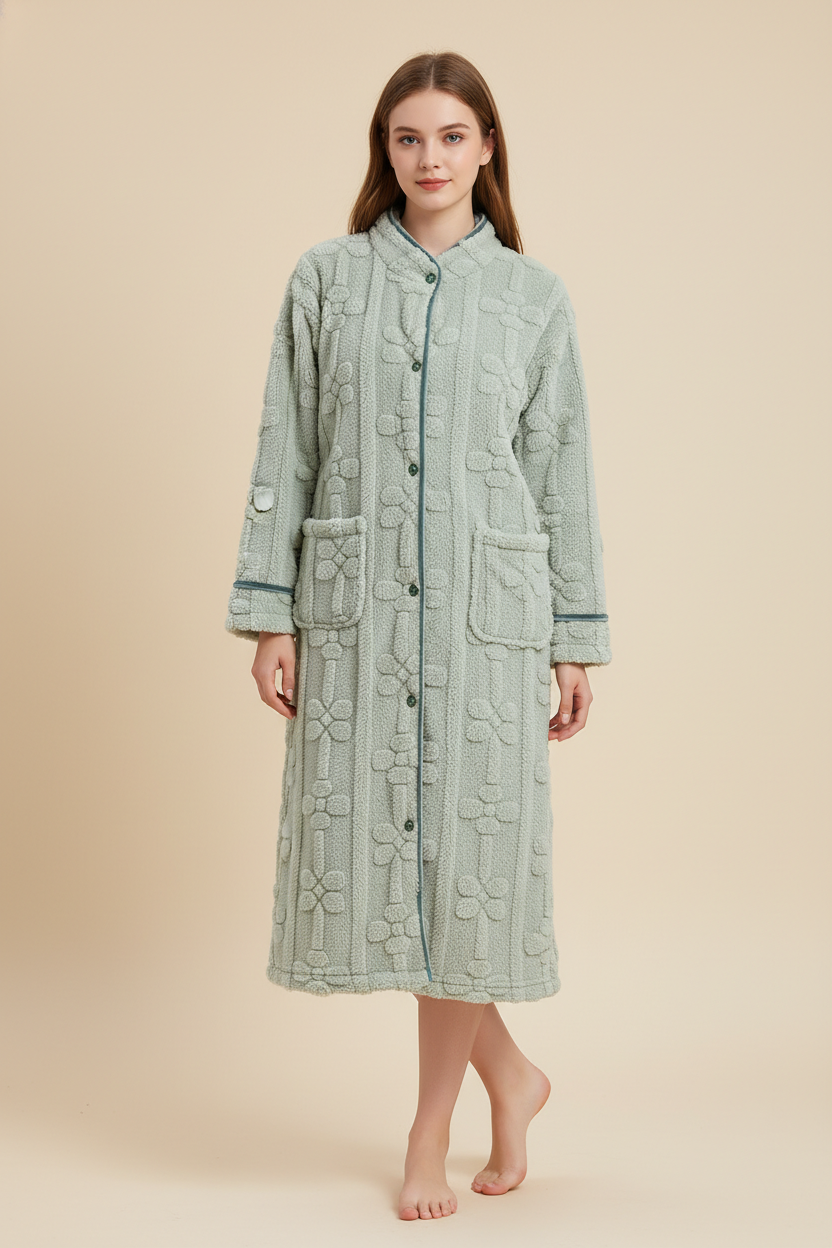 Robe de chambre femme boutonnée devant longue vert menthe à motif floral texturé