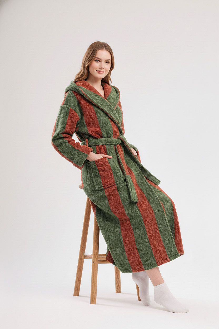 Robe de chambre femme chaude à rayures vertes et rouille à capuche