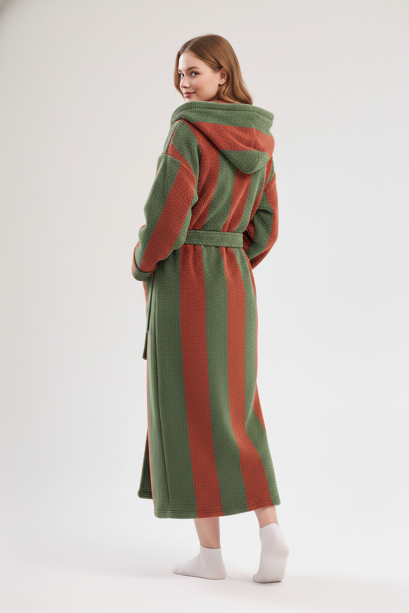 Robe de chambre femme chaude à rayures vert olive et terracotta