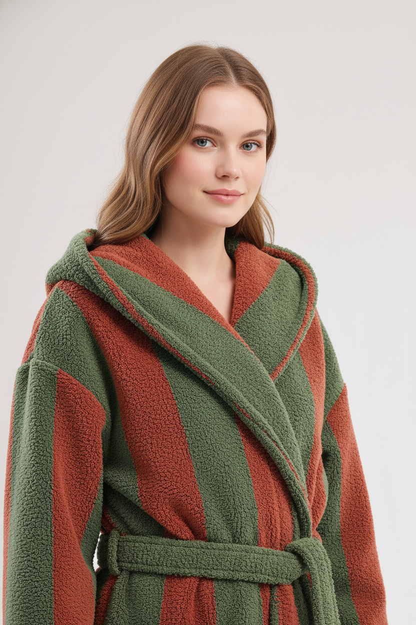 Robe de chambre femme chaude à rayures vertes et terracotta