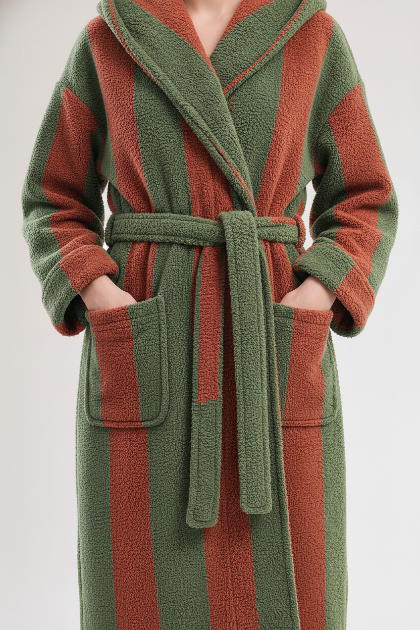 Robe de chambre femme chaude à rayures vert olive et terracotta