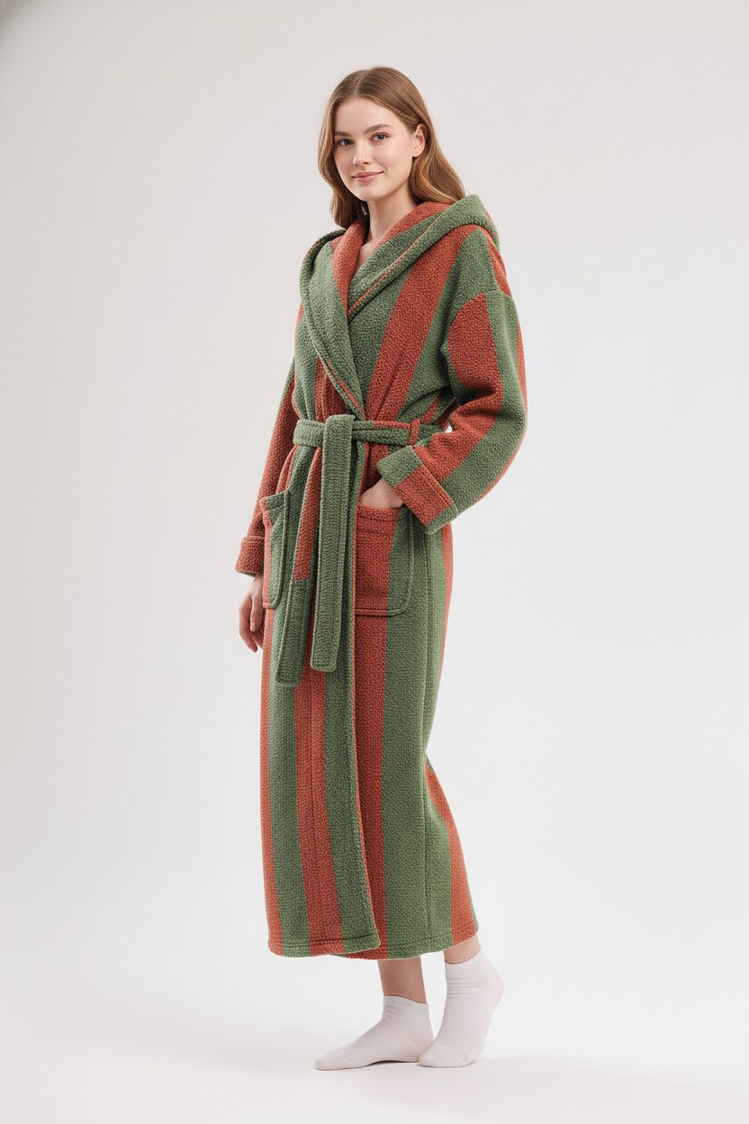 Robe de chambre femme chaude à rayures vert olive et terracotta à capuche