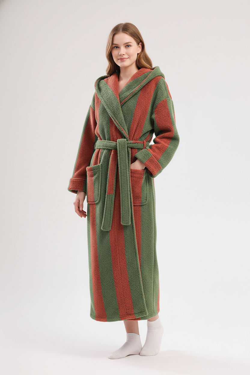 Robe de chambre femme chaude à rayures vertes et rouille en tissu moelleux