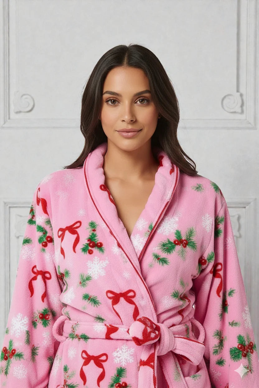 Robe de chambre femme courte imprimée : rose plush avec nœuds rouges festifs