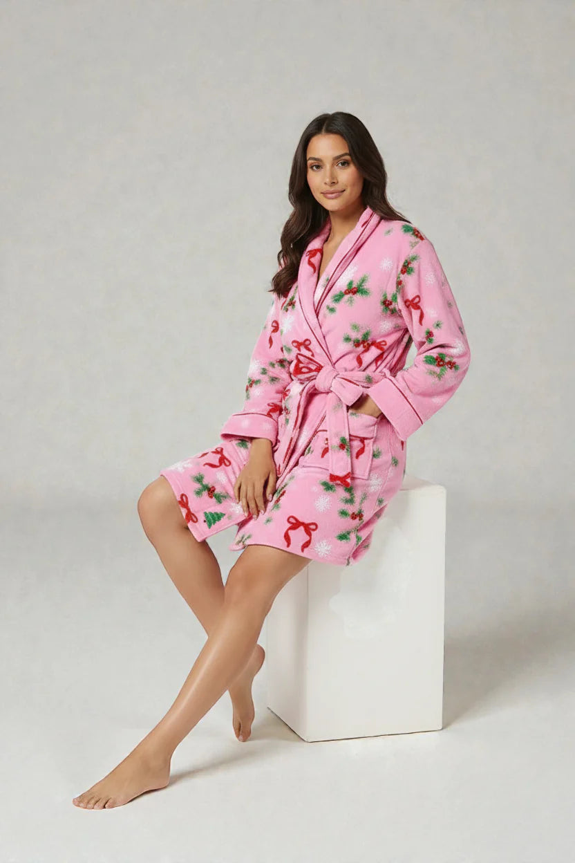 Robe de chambre femme courte rose Noël avec nœuds rouges et houx vert