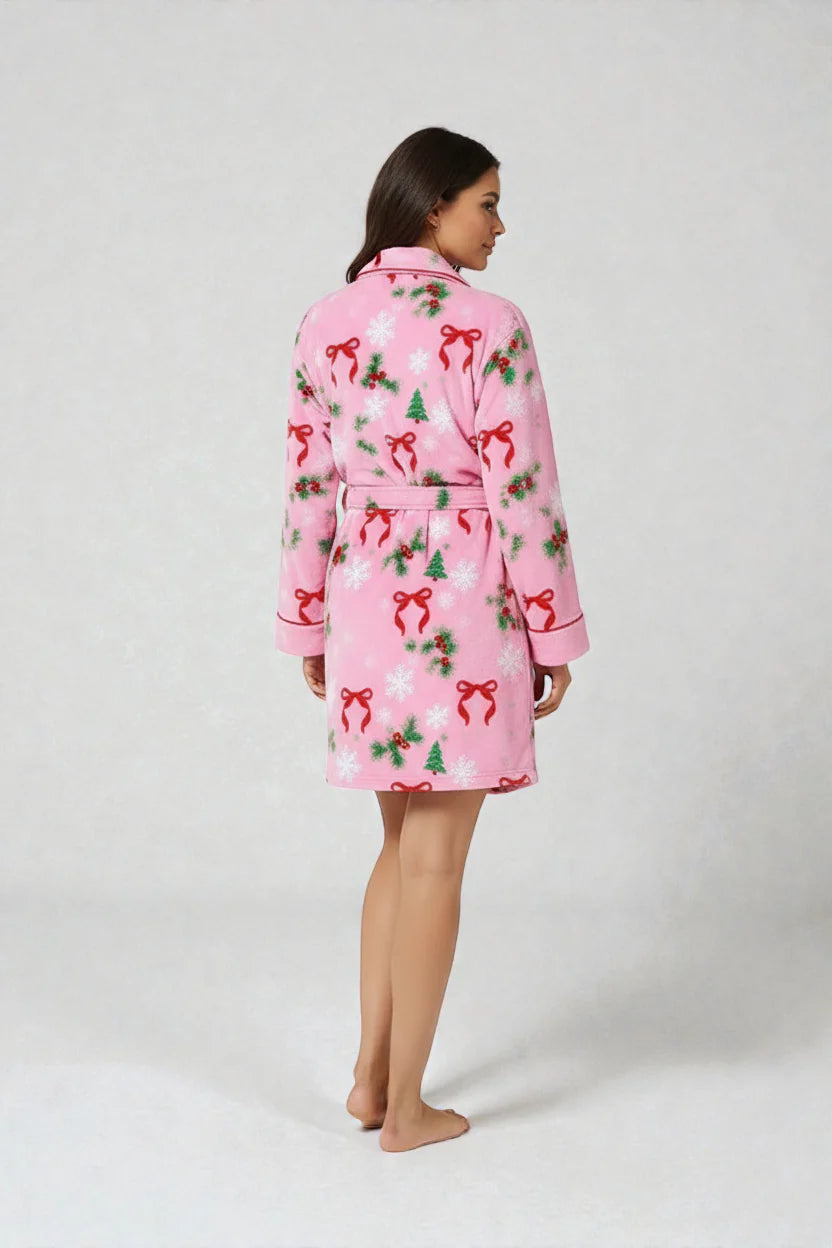 Robe de chambre femme courte rose Noël, nœuds rouges, houx vert, flocons blancs