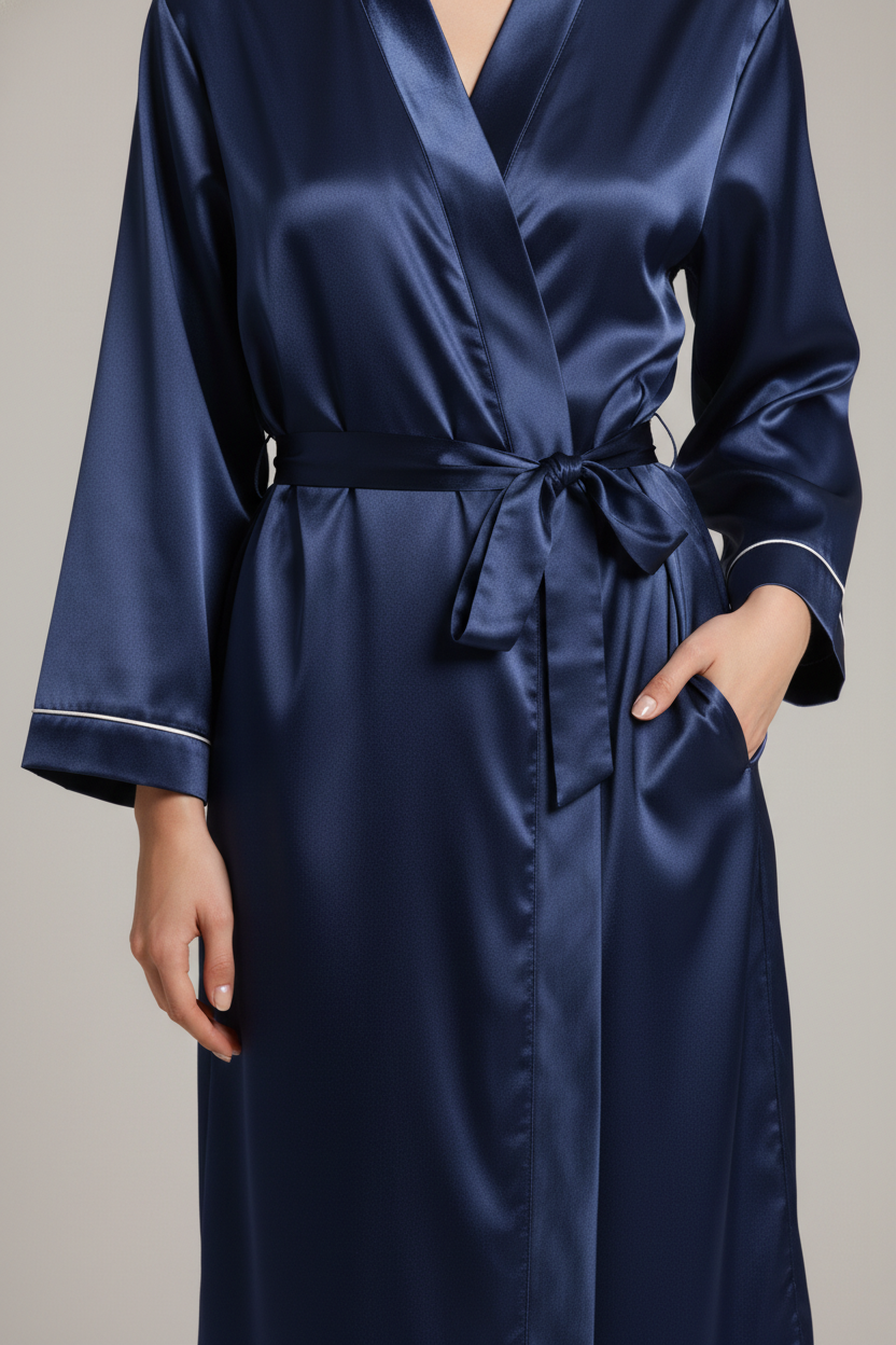 Robe de chambre femme satin bleu marine grande taille avec ceinture et passepoil blanc