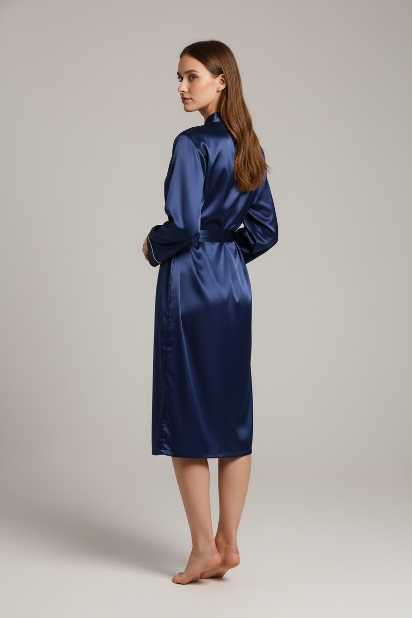 Robe de chambre femme en satin grande taille bleu profond à col haut