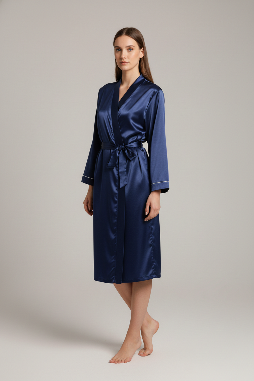 Robe de chambre femme satin bleu marine grande taille avec ceinture et bordure blanche